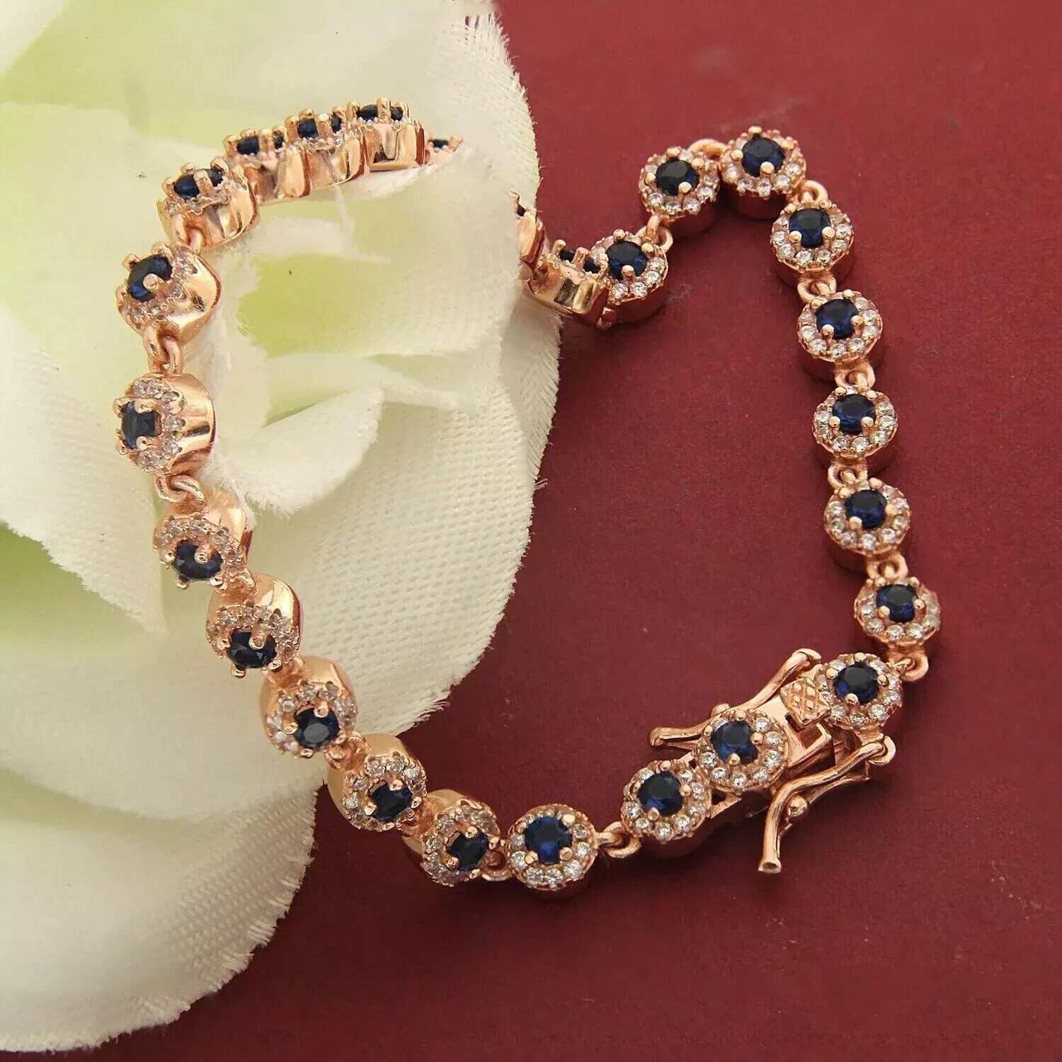 14kRose Gold Plated 15Ct Round Cut Lab-Created Sapphire Women Tennis Bracelet 7