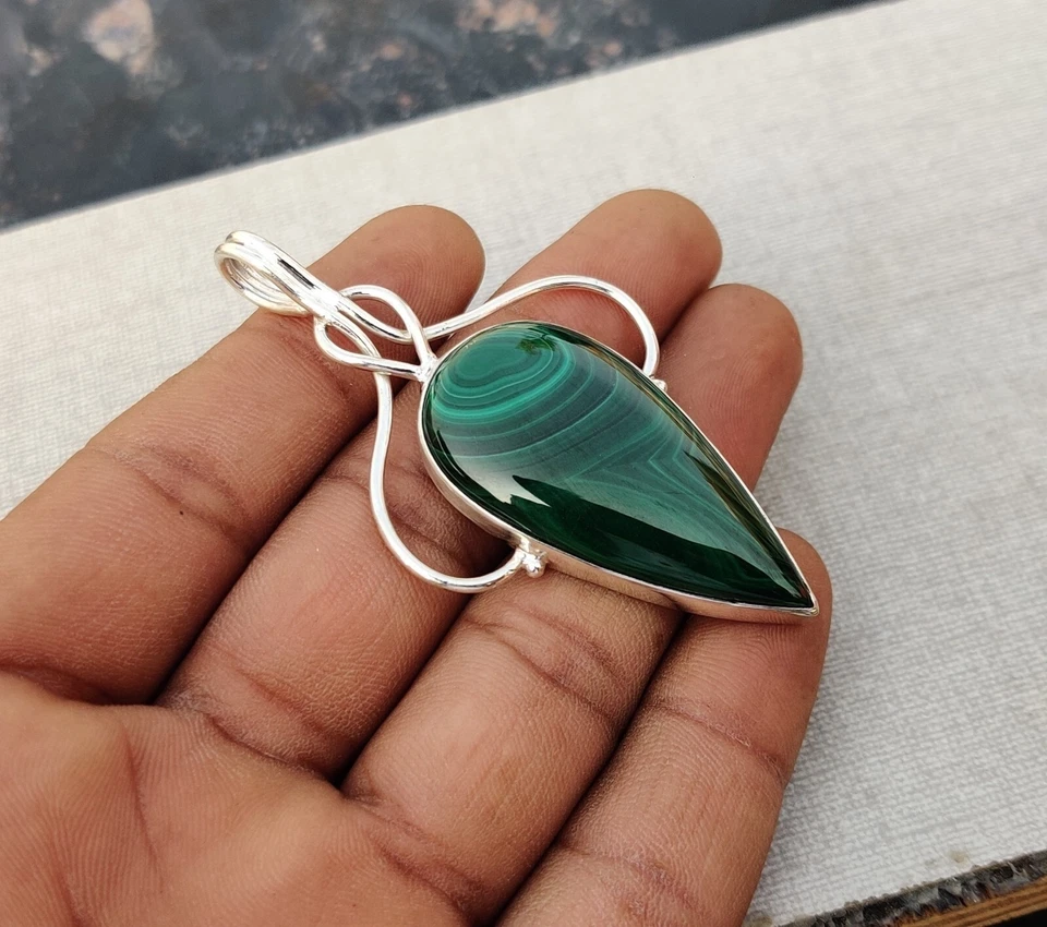 Hermosa piedra preciosa de malaquita natural de plata de ley 925 increíble joyería SR1005 Foto 3 de 4