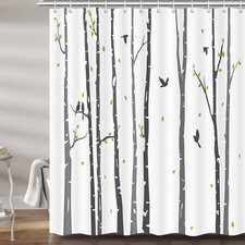 Gray Tree Shower Curtain for Bathroom, Neutral Birch Forest Rowley Birds Fabric