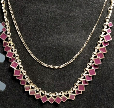 Ann Taylor Necklace Chain Double Strand Rhinestone Plum Gold Tone Vtg 20 Inch