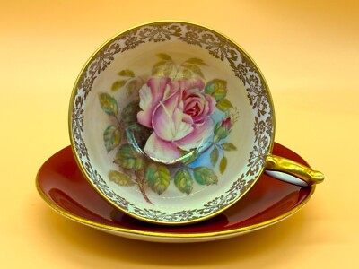 Große Aynsley Cabbage Rose signiert G Bentley Rot & Gold Schrank Teetasse & Untertasse.