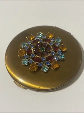 Compact Mirror Powder Jewels VTG Gold Tone 3.5”