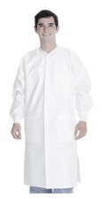 Case of 100 Disposable White Lab Coats 3 Pockets w/ Knitted Cuffs Collar Size L