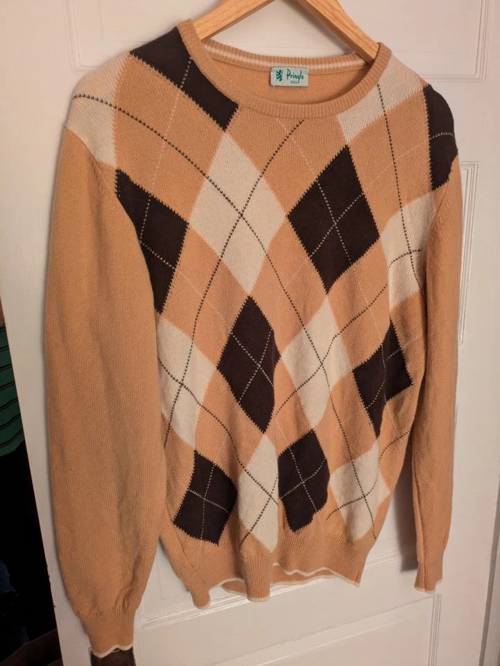 Suéter Pringle Golf Escocia Lana Argyle Camel/Marrón/Blanco Cuello Redondo Para Hombres L 46" De Colección Foto 3 de 4