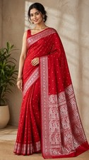 Red Satin Silk Saree  Silver Woven Border, Traditional Indian Festive Wear