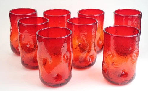 Set 8 Mid Century Mod MCM Blenko Glass Crackle Dimpled Tangerine 418-S Tumblers