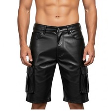 Men Genuine Leather Cargo Shorts Handmade Black Leather Biker Shorts with Pocket