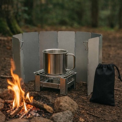 Outdoor Koch Set - Windschutz 24x67cm, Campingkocher, Grillrost, Becher 350ml
