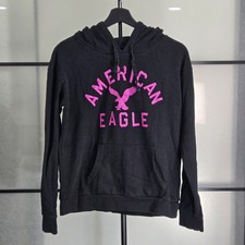 Womens American Eagle Black Pull Over Fleece Hoodie Drawstring Pink Logo Print M