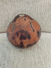 Vintage Hand Carved Gourd Person Holding Slingshot Indigenous Folk Art Rattle