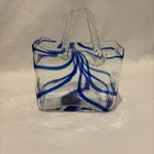 Vintage Murano Hand Blown Blue Swirl Art Glass Purse Basket Vase 7x6x3.5 Excelle