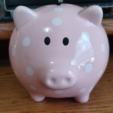 Baby's First Piggy Bank Ceramic Pink with White Dot Stopper 6 NIB Stephan Baby