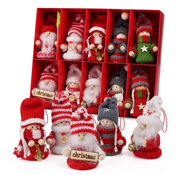 Weihnachtswichtel Set Holz Strick BaumanhäNger Deko Geschenkbox 10-Tlg 9-10 Cm-image