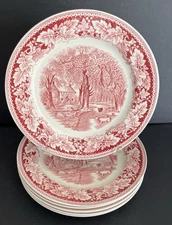 6 Vtg Homer Laughlin Currier & Ives Home Sweet Home Dinner Plates 10 in