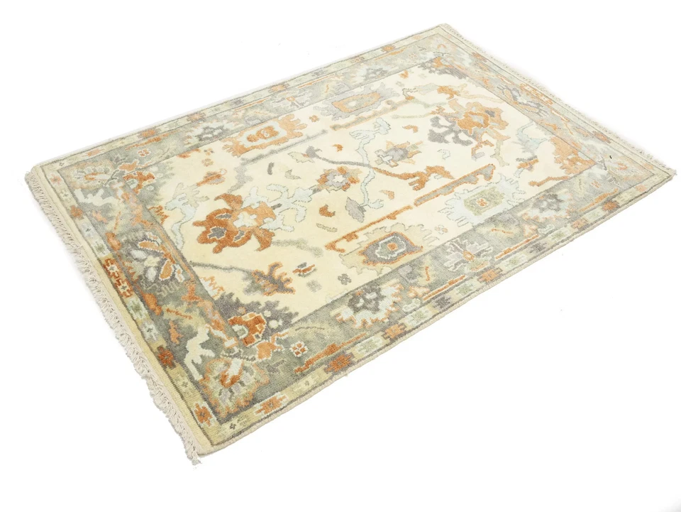 Handmade Floral Design Oushak Chobi 4X6 ft Oriental Rug Bathroom Decor Carpet - Image 3 of 4