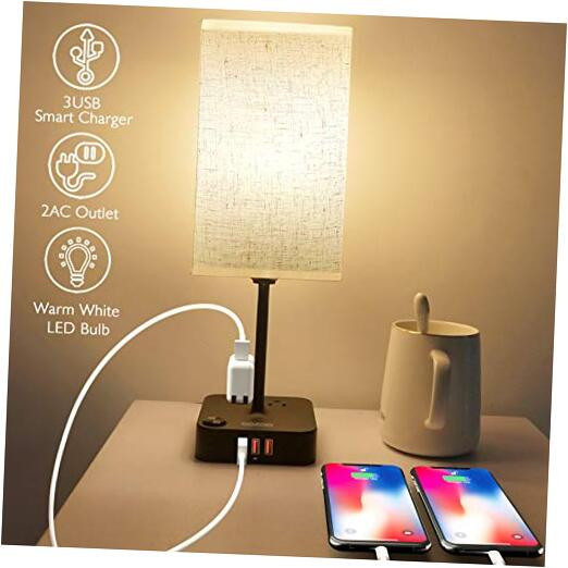 USB Bedside Table Desk Lamp with 3 USB Charging Ports and 2 Outlets 2.flaxen