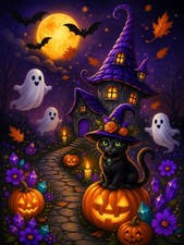 Black Cat Ghost Halloween 5D Diamond Painting Kit Full Drill Gem Art 12x16in