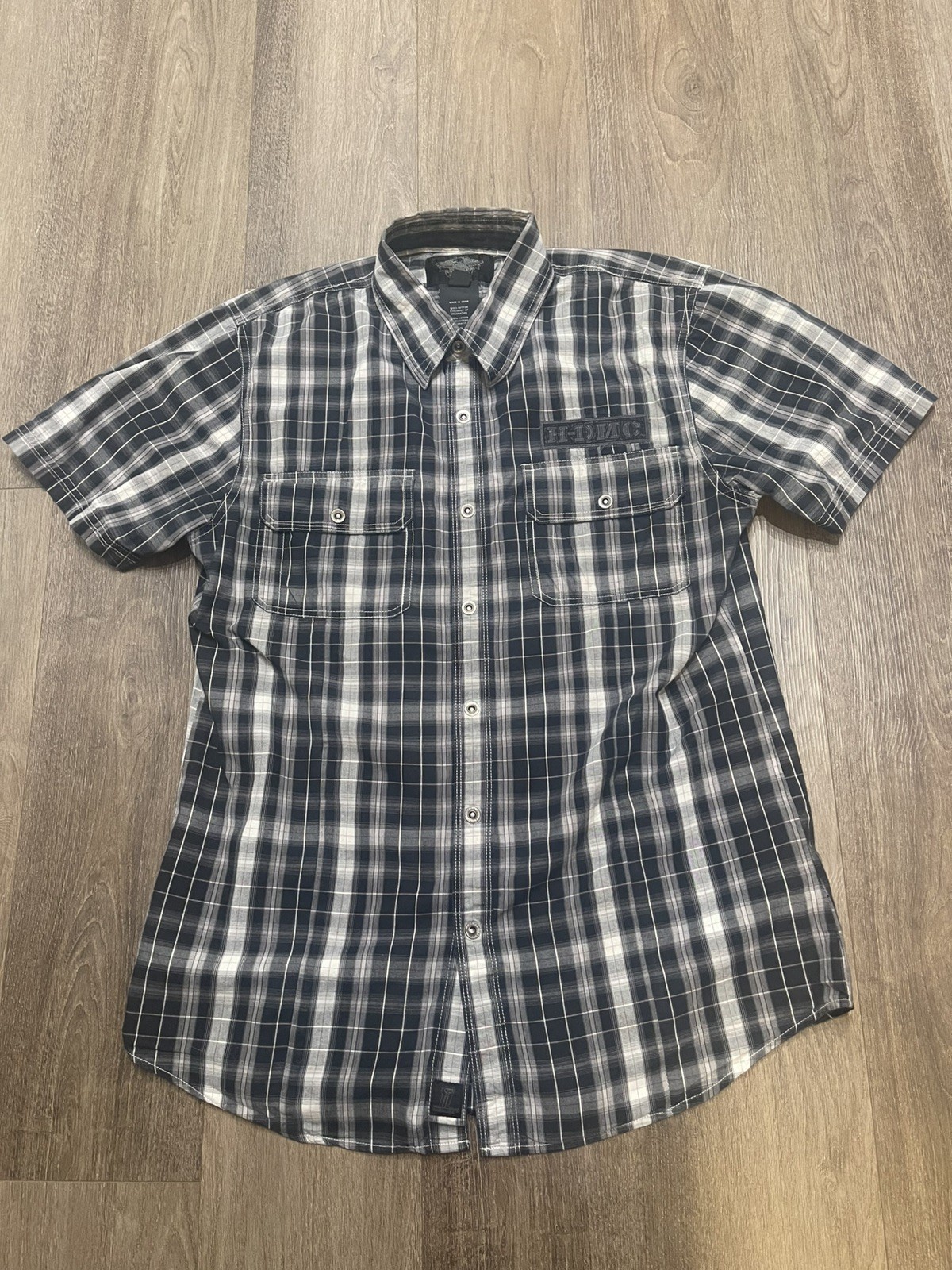 Harley Davidson Shirt Mens L Black Plaid Snap Button Down Short Sleeve Vintage!