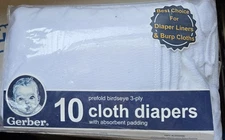 New Gerber 10 Pack Prefold White Cloth Diapers W/ Absorbent Padding 3 ply 14x20