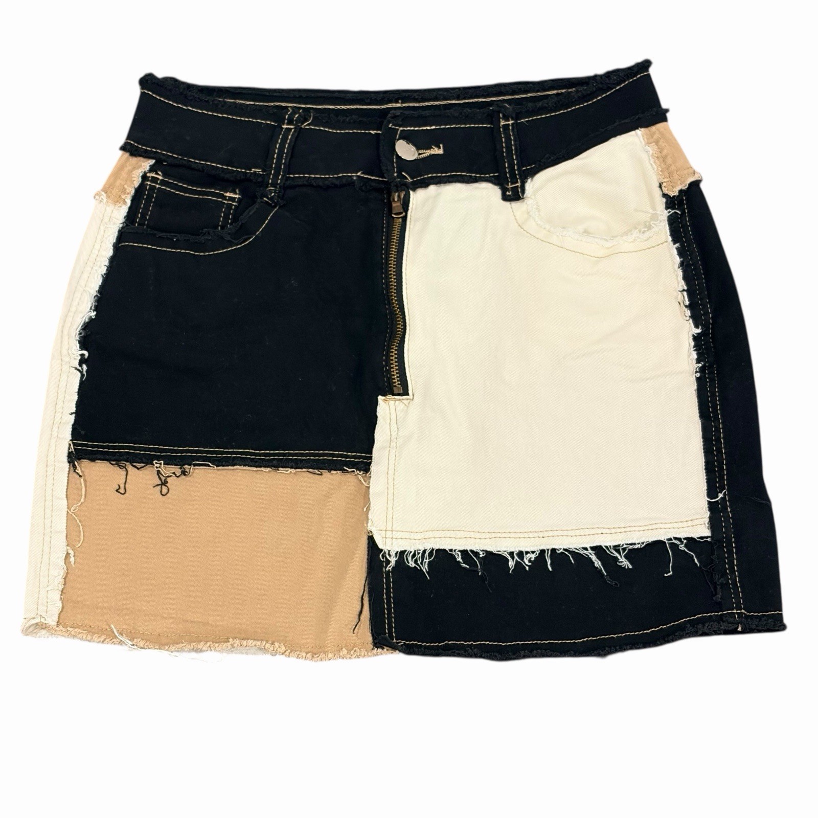 Patchwork Denim Mini Skirt Size Medium Frayed Edg… - image 1