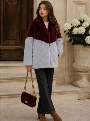 MOLO Haili Faux Fur Coat Burgundy & Light Blue Colorblock Girls 164 | US 14