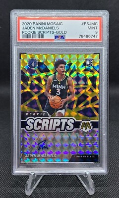 2020-21 Panini Mosaic Jaden McDaniels Rookie Scripts Gold Auto PSA 