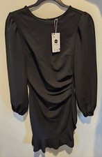 Small Womens Nova Auro Bodycon Long Sleeve Crew Neck Slim Ruffle Cocktail Dress