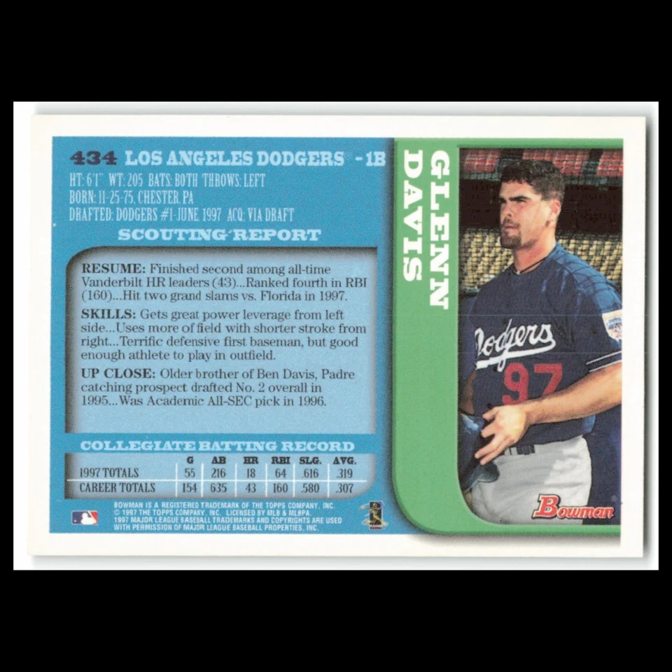 Glenn Davis Rookie #434 1997 Bowman Los Angeles Dodgers Baseball Card MLB NM - Image 2 of 3