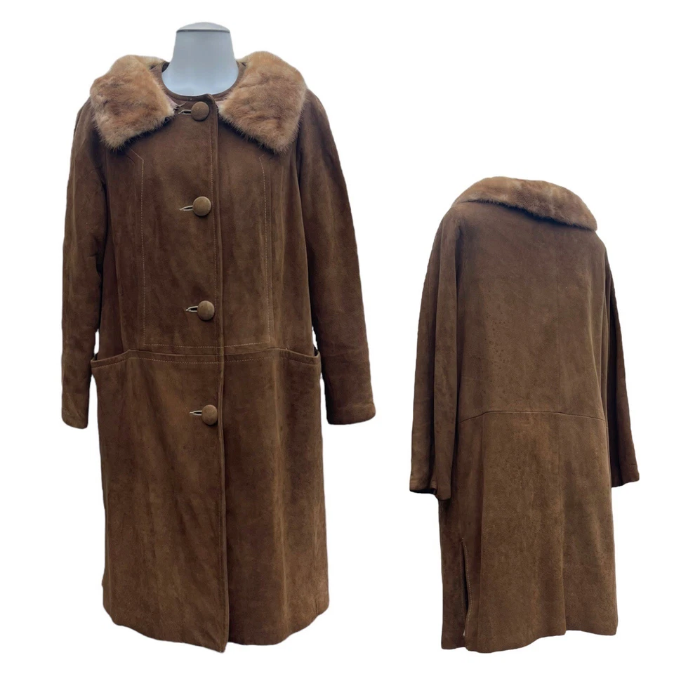 Abrigo columpio cuello piel visón chaqueta larga de cuero gamuza S vintage años 50 60 para mujer