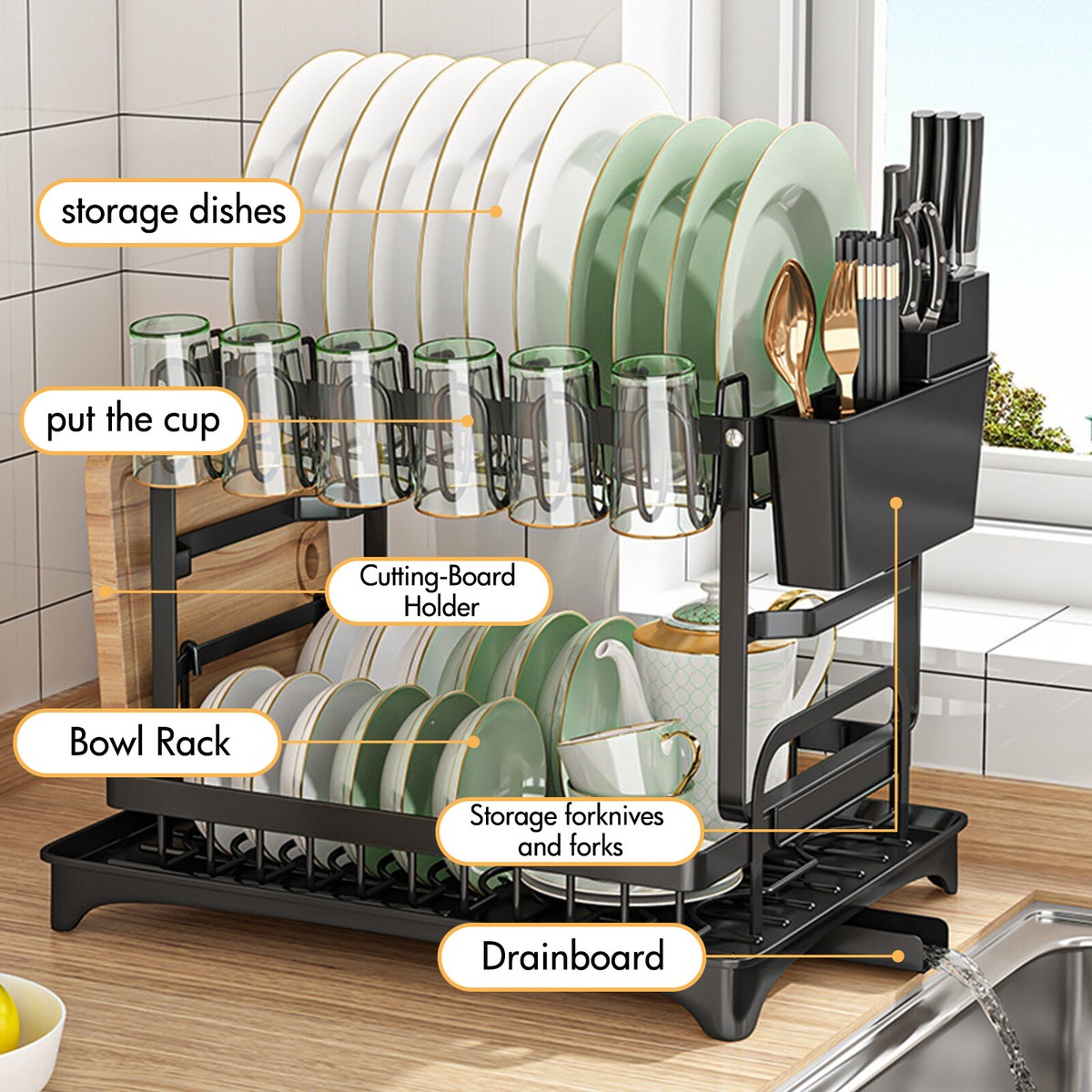 2-Tier Drying Dish Rack and Drain Board Set Utensil Holder Metal