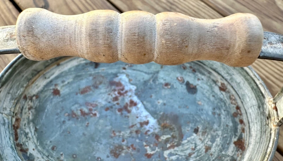 Vintage Galvanized 2-Tiered Rustic Oval Trays w/ Wood Handle No Holes 11" Wide - Image 2 of 4