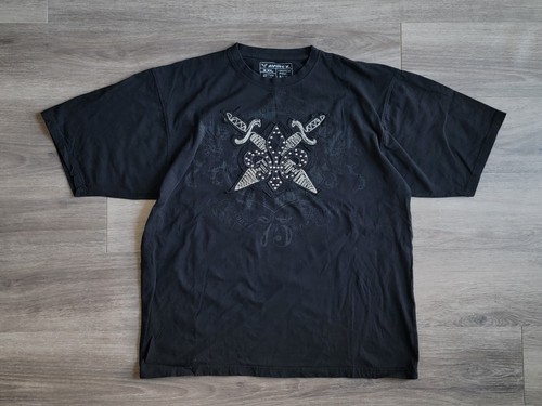 Avirex Affliction Y2K Graphic tshirt Mens 2XL, Black Grunge Punk 3D Embroidered