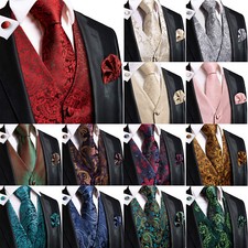 Men Floral Jacquard Waistcoat Vest Tie Pocket Square Cufflinks Formal Wedding