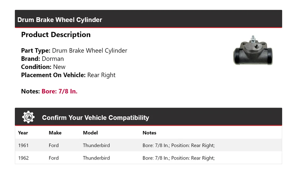 Cilindro de rueda de freno de tambor trasero derecho Ford Thunderbird Dorman 1961-1962 Foto 2 de 3