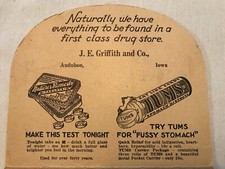 Ventilateur publicitaire vintage J. E. Griffith and Co. TUMS, Audubon, Iowa