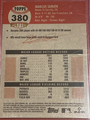 2022 Topps Chrome Platinum Anniv. #380 Marcus Semien Red Atomic Ice 34/100 - Picture 7 of 9
