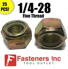 (Qty 25) 1/4-28 Fine Grade 8 Nylon Insert Lock Nuts Nylock Yellow Zinc Plated 