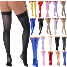 Sexy Women's Glossy Lace Thigh High Stockings Stay Up Oil Glossy Sheer Pantyhose