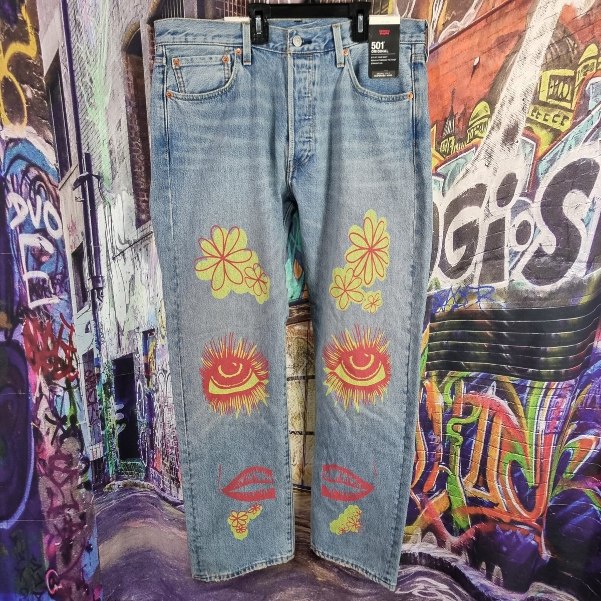 LEVI'S 501 ディスプレイ木枠 Levi's Premium 501 Distressed Jeans 34x30 Hippie Love Peace Groovy