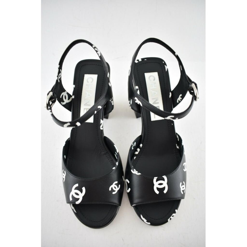 Chanel 22S Black White Printed Lambskin CC Logo Ankle Strap