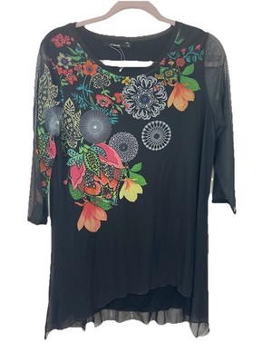 NWT Desigual Womens Top Tunic Flower Print Black Mesh US Valery Artsy Large
