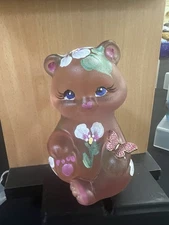 Fenton Art Glass Satin Sitting Bear Hand Painted By Melissa Caplinger