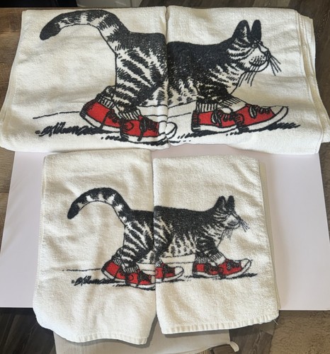 Vintage Burlington Kliban Kitty Cat in Red Sneakers Bath and Hand Towel Set Of 4