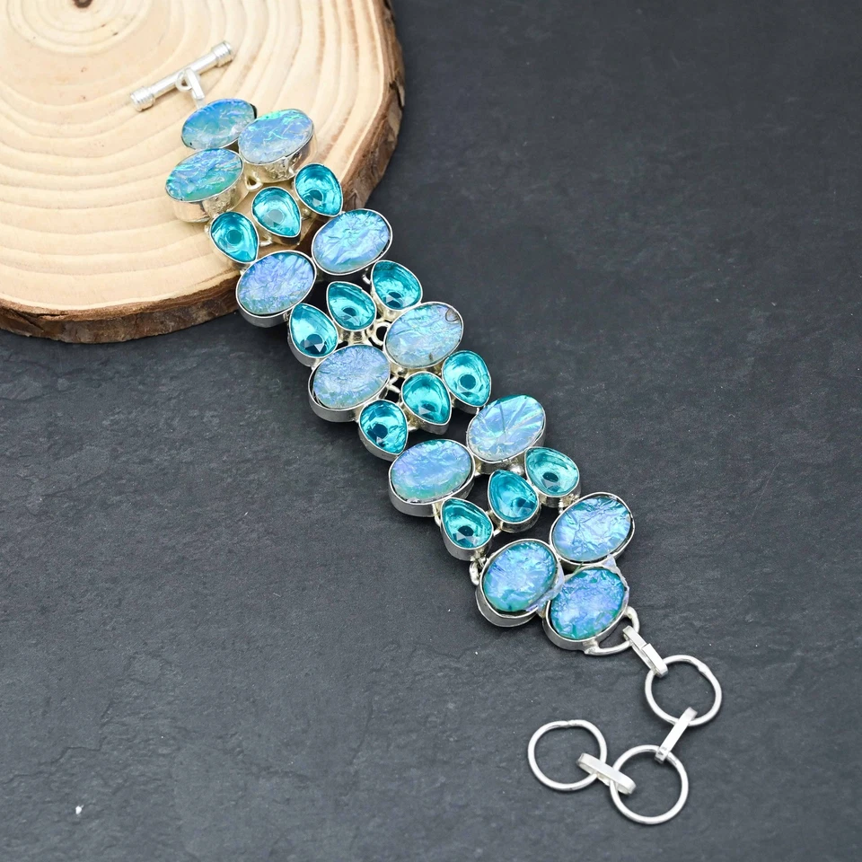 Bracciale gioiello in argento sterling 925 con topazio blu opale tripletta bl... - Immagine 4 di 4