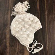 PRADA Wool +Cashmere Beanie Cream Bobble Knit Pom Pom Tie Made in Italy