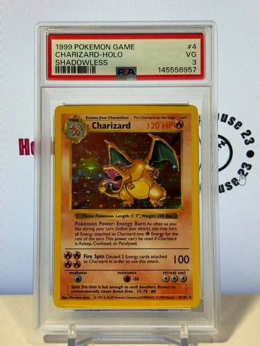 1999 POKEMON BASE SET SHADOWLESS #4 CHARIZARD-HOLO PSA 3 RARE AP