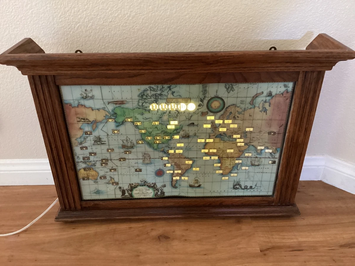 Vtg 1959 Howard Miller World Time Zone Lighted Oak Wall