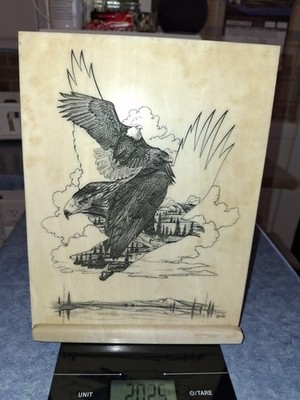 1989 Eagle Wildlife Etched Marble W/Stand Art by Rorgreen 8 1/2'' x 11  Vtg.