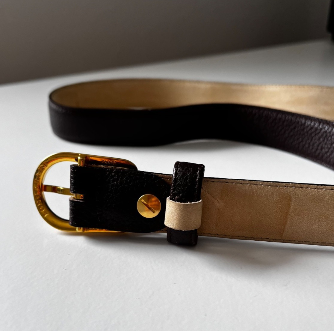 Longchamp Paris Brown Pebbled Leather Belt Brown Gold Buckle Made in France 87cm image 6