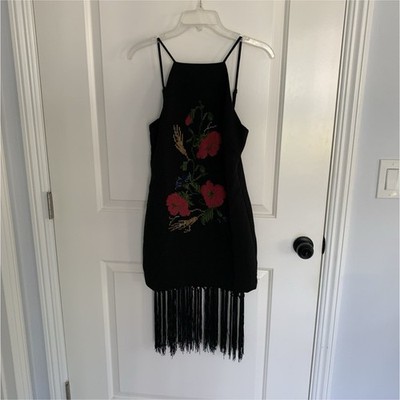 endless rose Black Floral Embroidered Fringe Embroidered Mini Dress Women's S